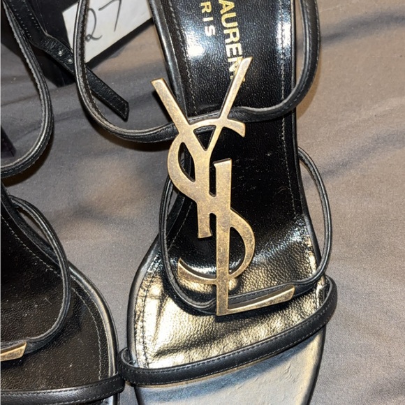 Saint Laurent Black Strappy Heels with Gold Accents - Picture 2 of 7